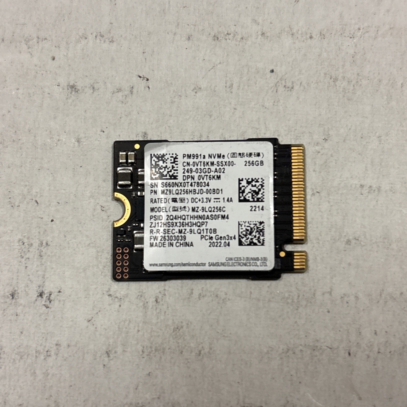 Samsung  256GB NVMe M.2 SSD   Model: PM991a - Tested & Working