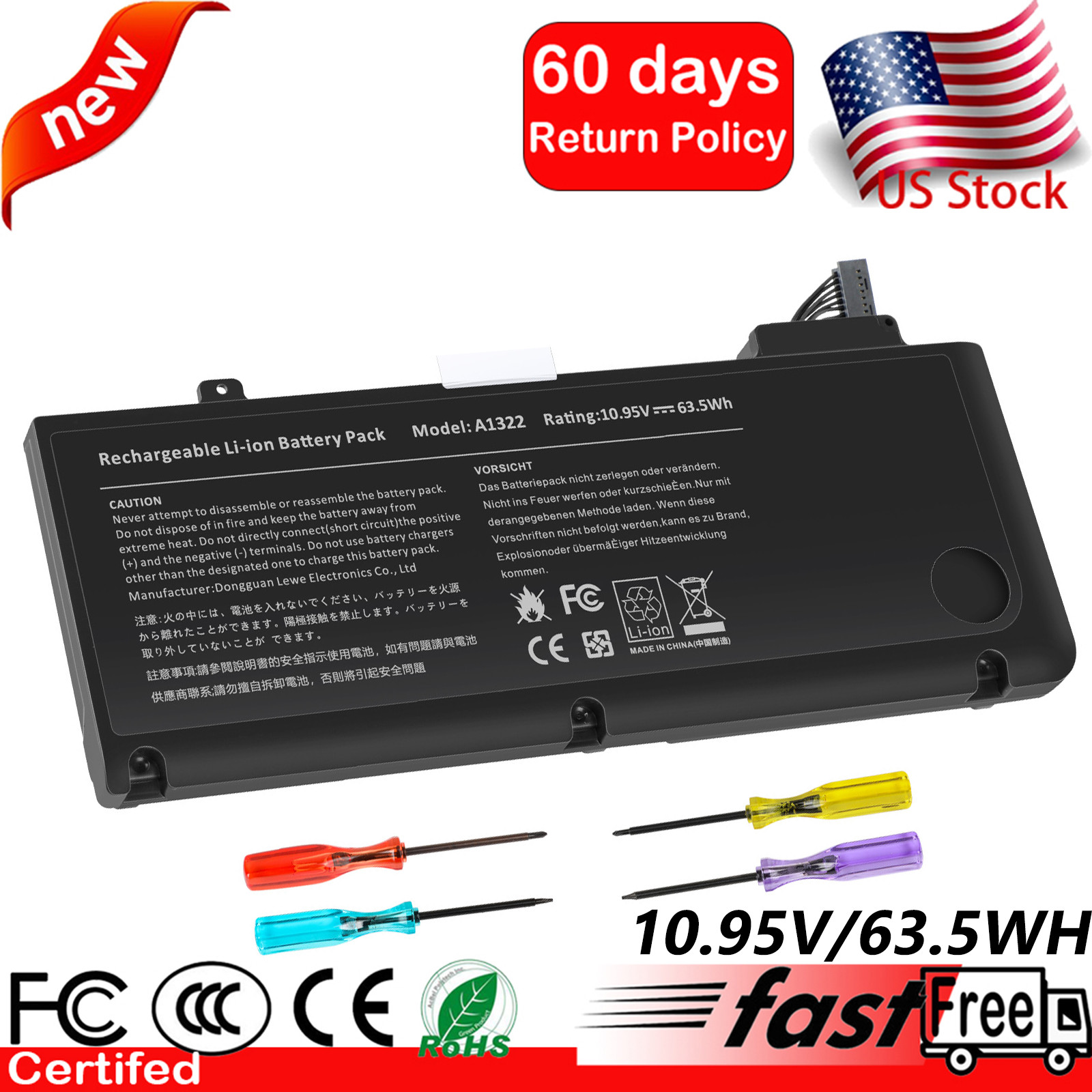LOT A1322 Battery For Apple MacBook Pro 13" A1278 Mid 2009 2010 2011 2012 63.5Wh