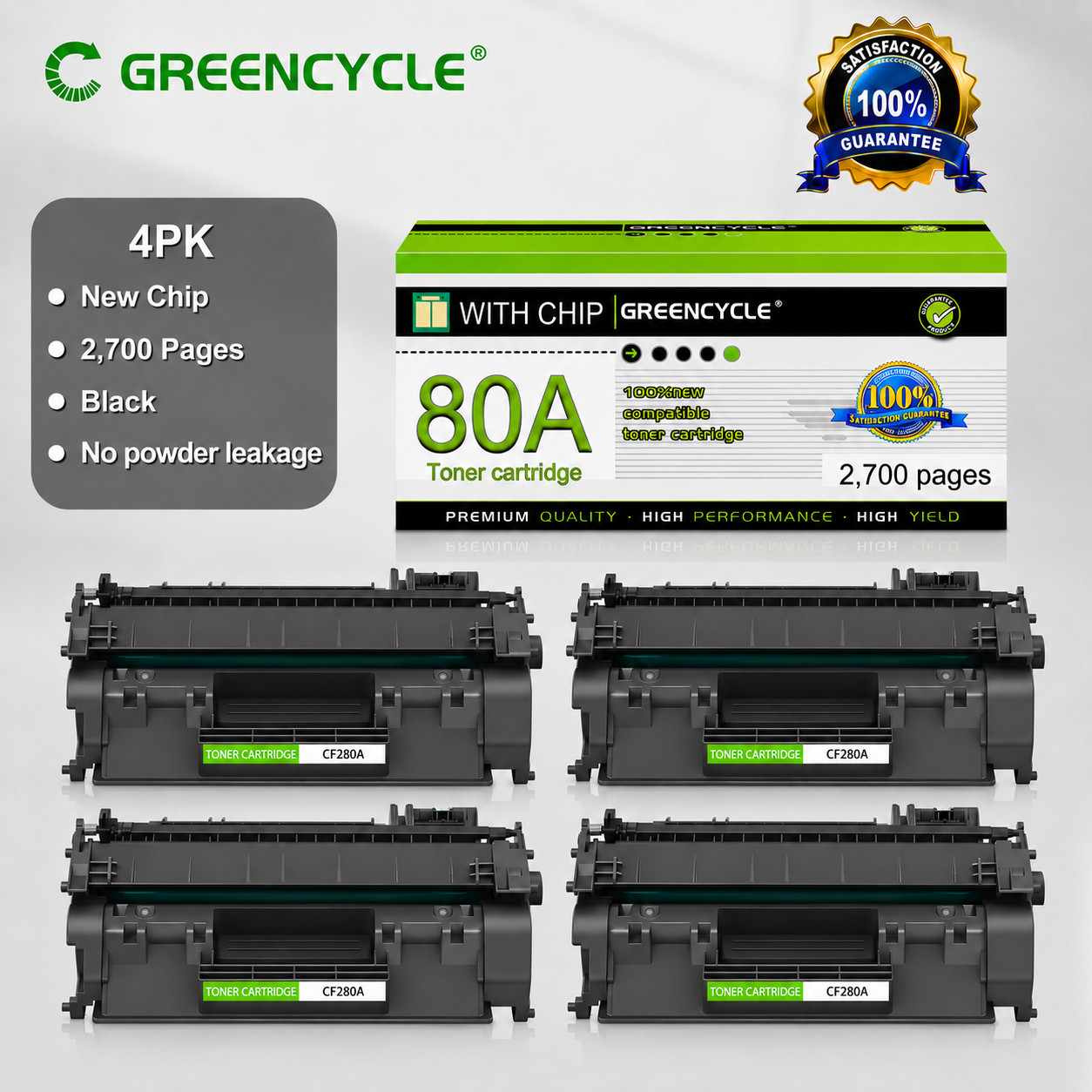 Four Pack 80A Toner Cartridge Compatible HP CF280A Pro 400 M401dn M425