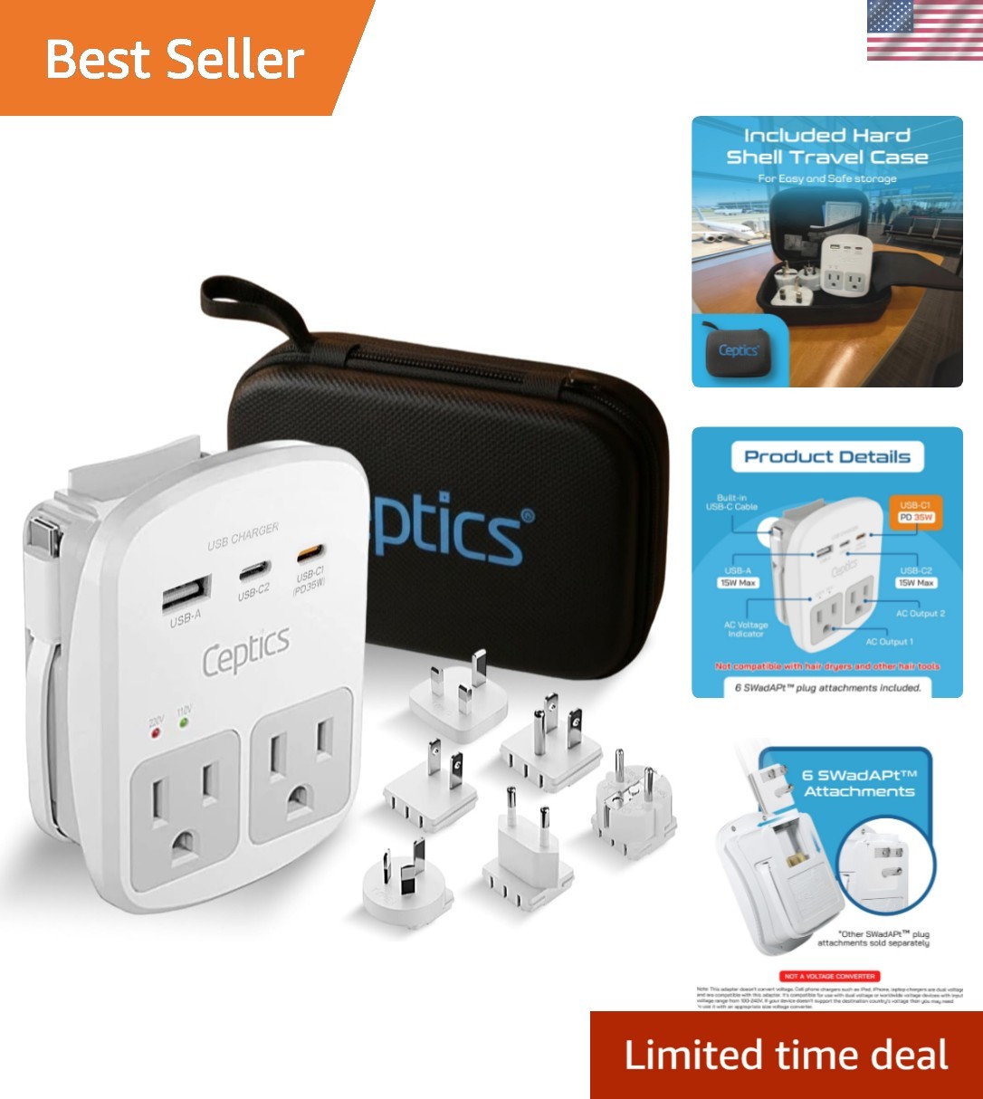 35W Universal Travel Adapter Kit – 2  sockets, USB-A, USBC, 1x PD 35W USB-C a...