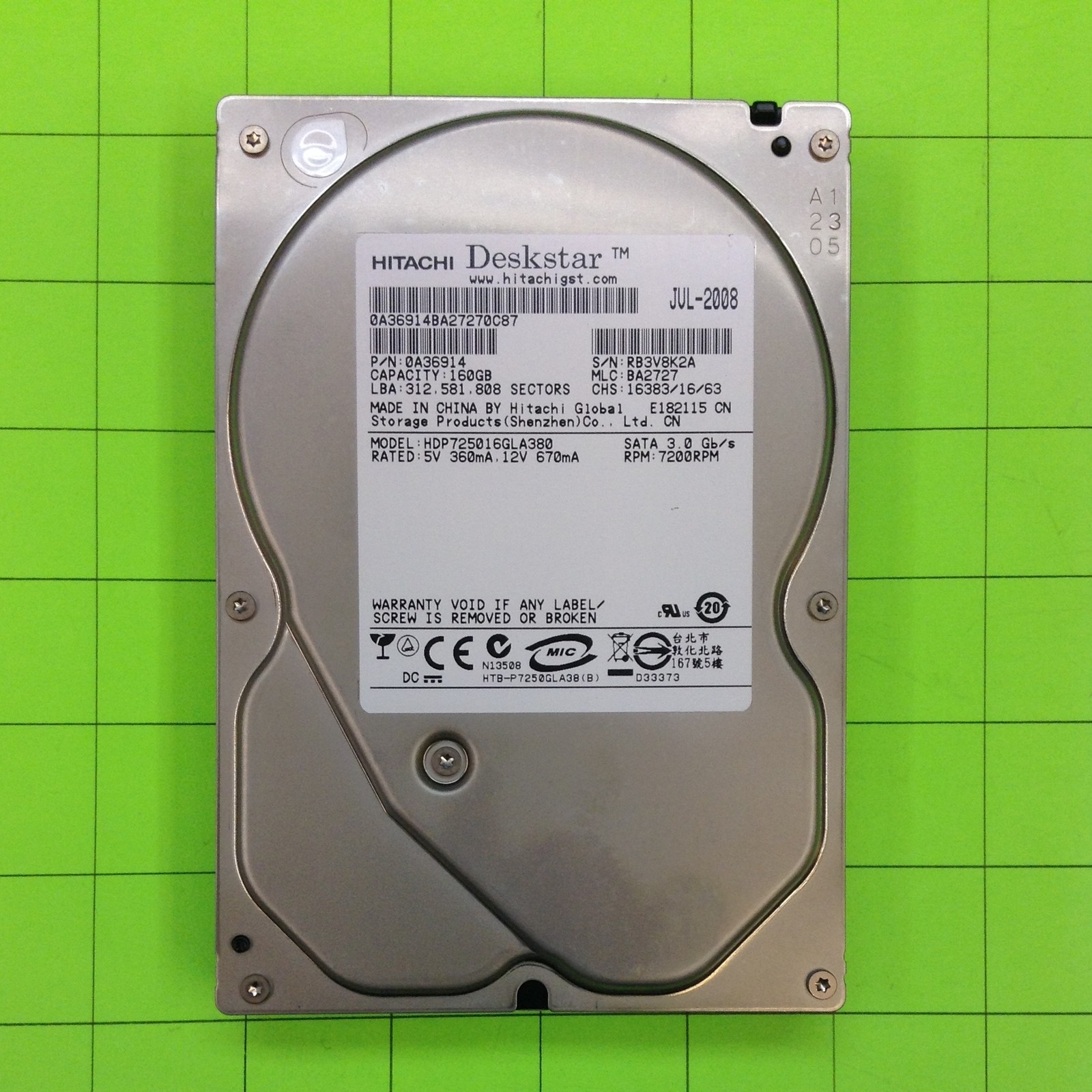Computer Hitachi HDP725016GLA380 0A36914 SATA 3.5" 160GB 7.2K Hard Disk Drive