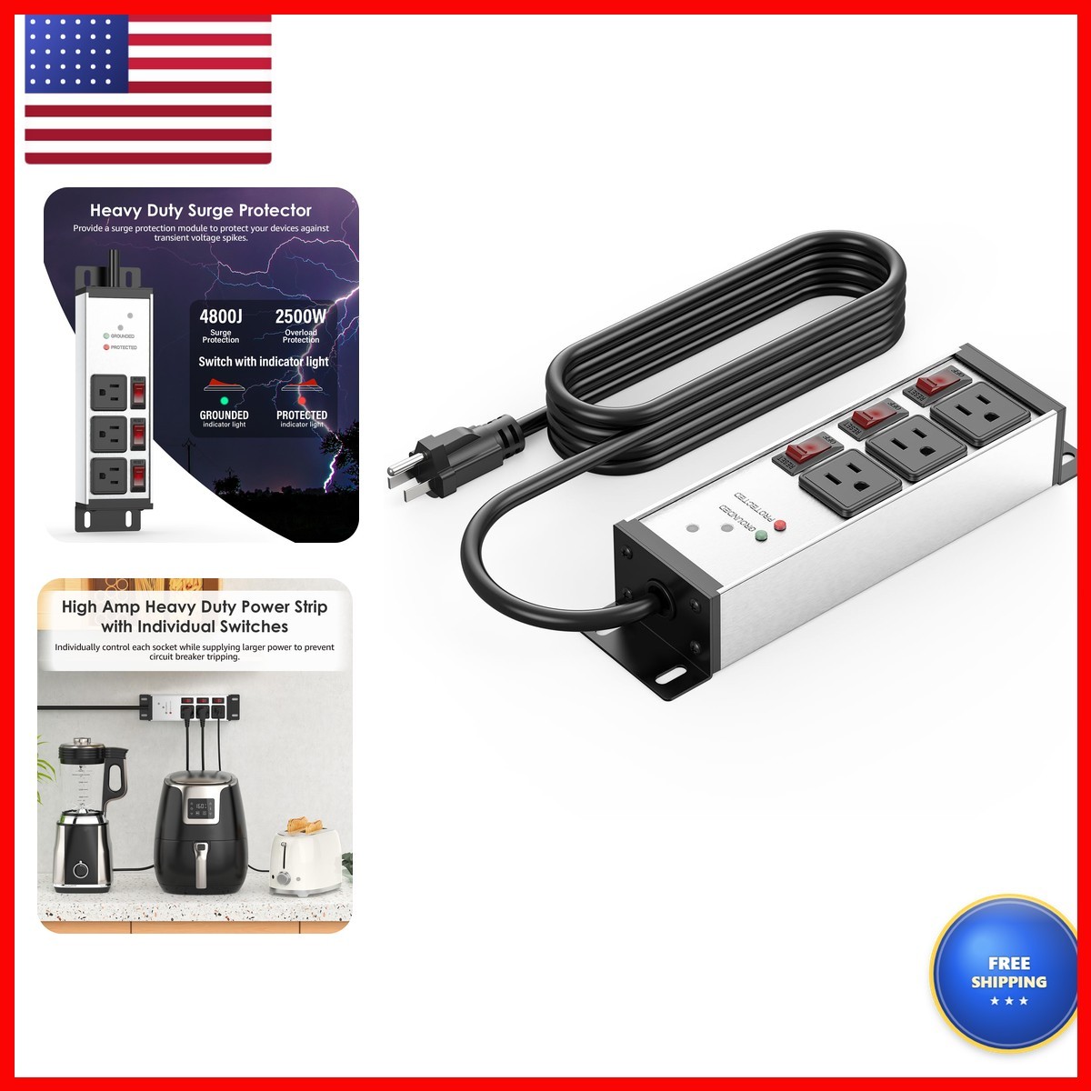 CCCEI 3 Outlet Heavy Duty Surge Protector Power Strip 20 Amp 12 Gauge 6FT Silver