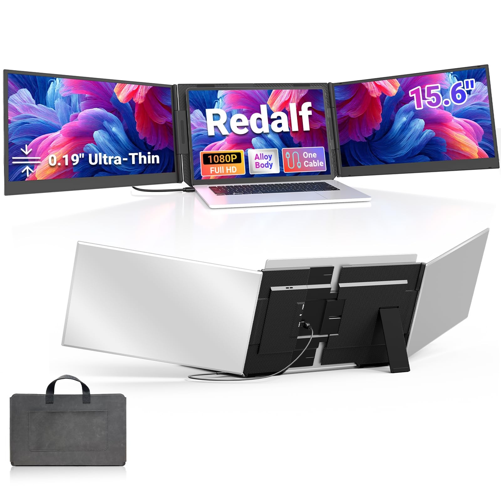 15.6" One-Cable Laptop Screen Extender, Triple Screen, Silver