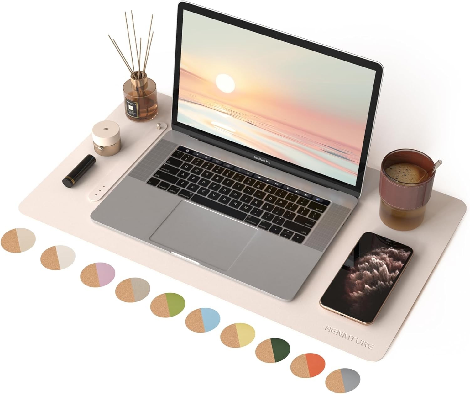 RENMTURE Dual-Sided Large Desk Pad, Faux Leather Natural Cork Mouse pad, Desk Ac