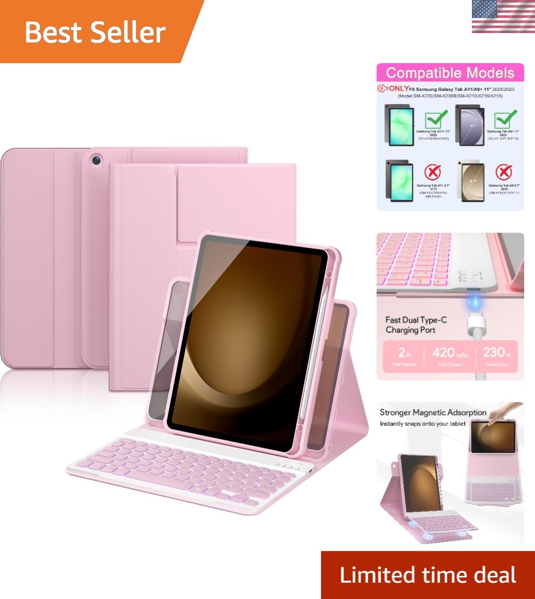 Luxury Wireless Keyboard Case for Galaxy Tab A9/A11 Plus 11" - 7-Color Backlit