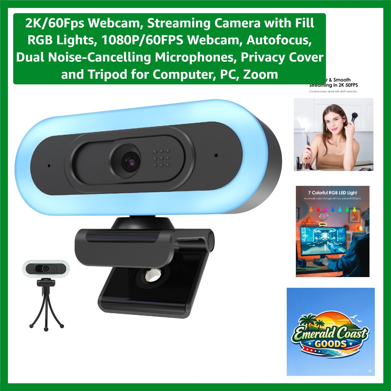 2K/60Fps Webcam, Streaming Camera with Fill RGB Lights, 1080P/60FPS Webcam, A...