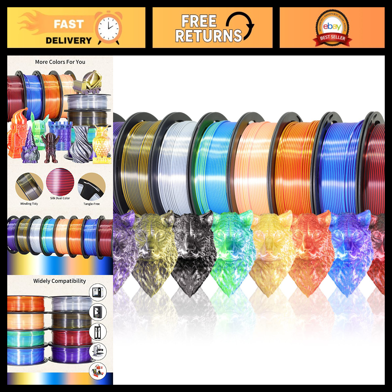 8 Spools Dual Color 3D Printer Filament Bundle, 1.75mm Silk PLA, 250g Each