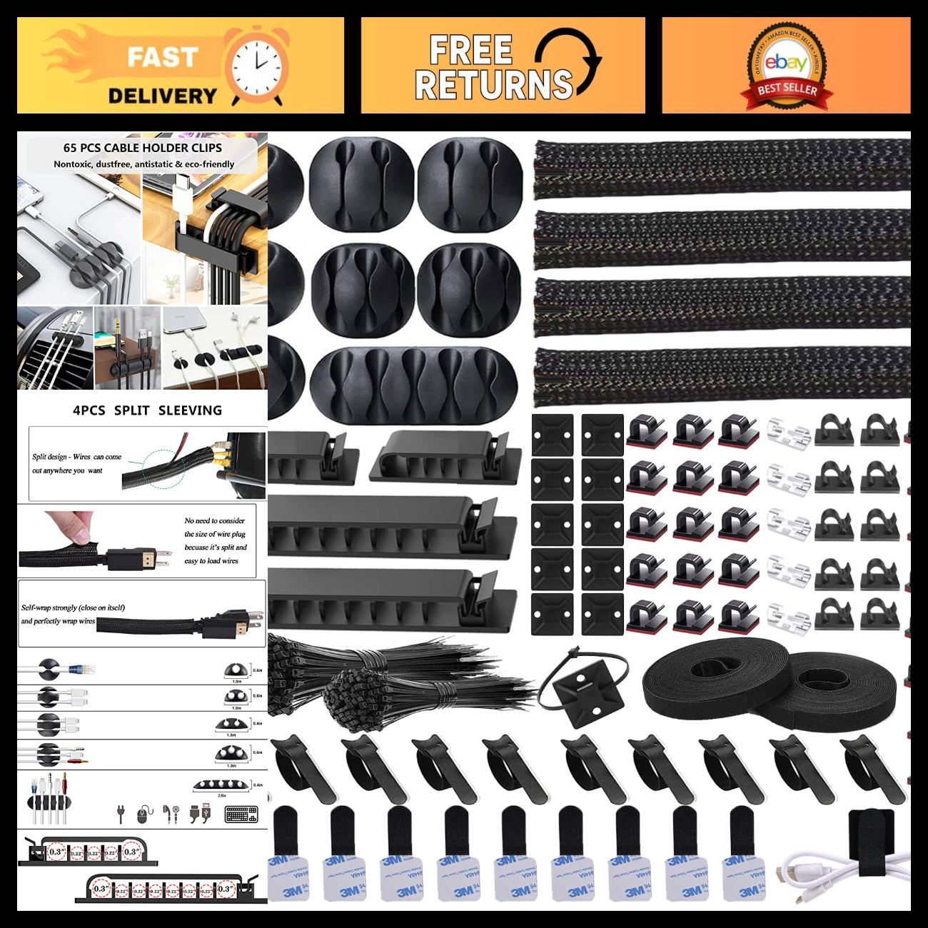 311Pcs Cable Management Organizer Kit - 4 Cable Sleeves, Splitters & Clips