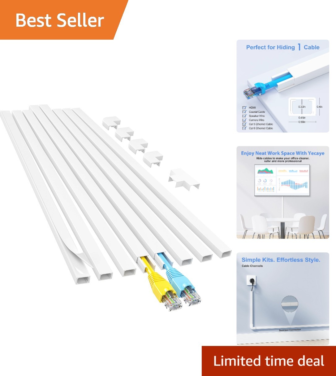 Versatile 10.42ft Cable Management Kit - 8 Includes White Concealer Channels