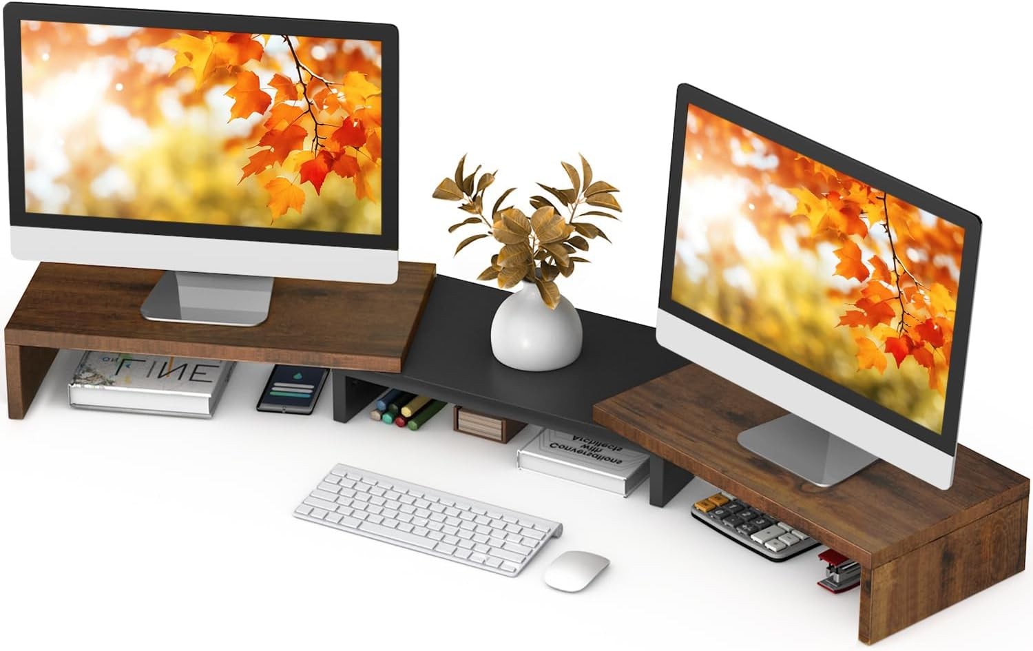 TAVR Dual Monitor Stand Riser Wooden Computer Monitor Stand for 2 Monitors