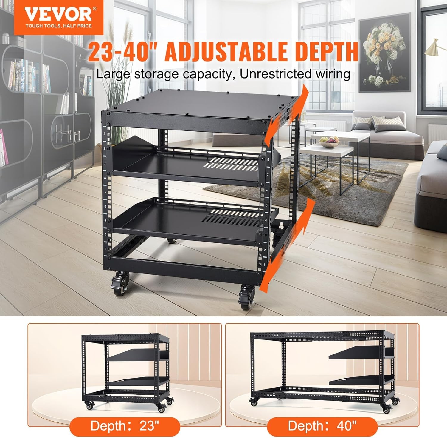 VEVOR 9U Server Rack, 23–40'' Depth, 4-Post AV Rack with Casters, Wall/Floor Use