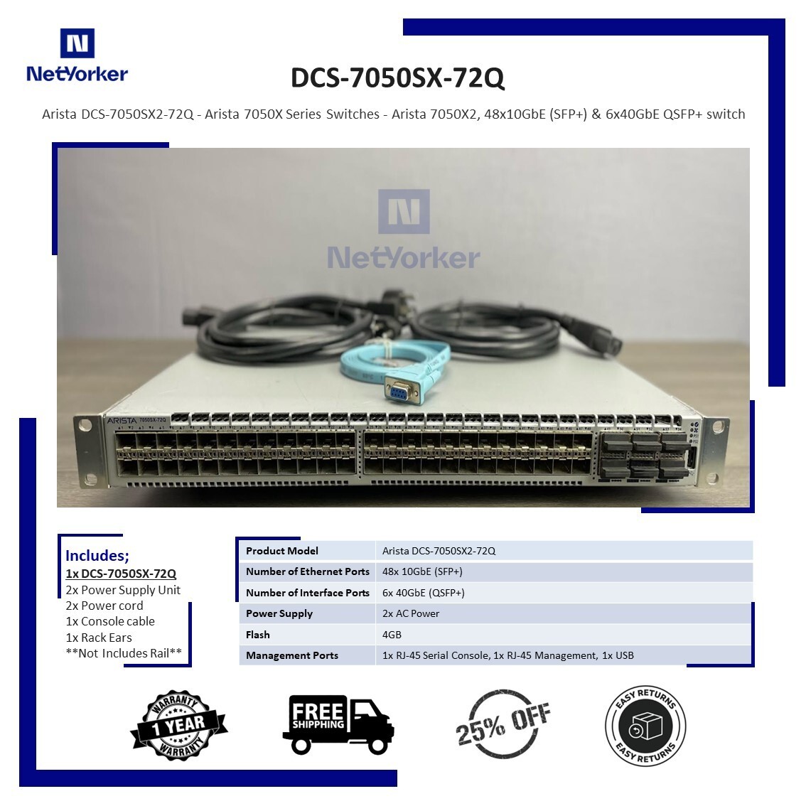 Arista DCS-7050SX-72Q 48-Port 10GbE SFP+ 4xQSFP Network Switch Same Day Shipping