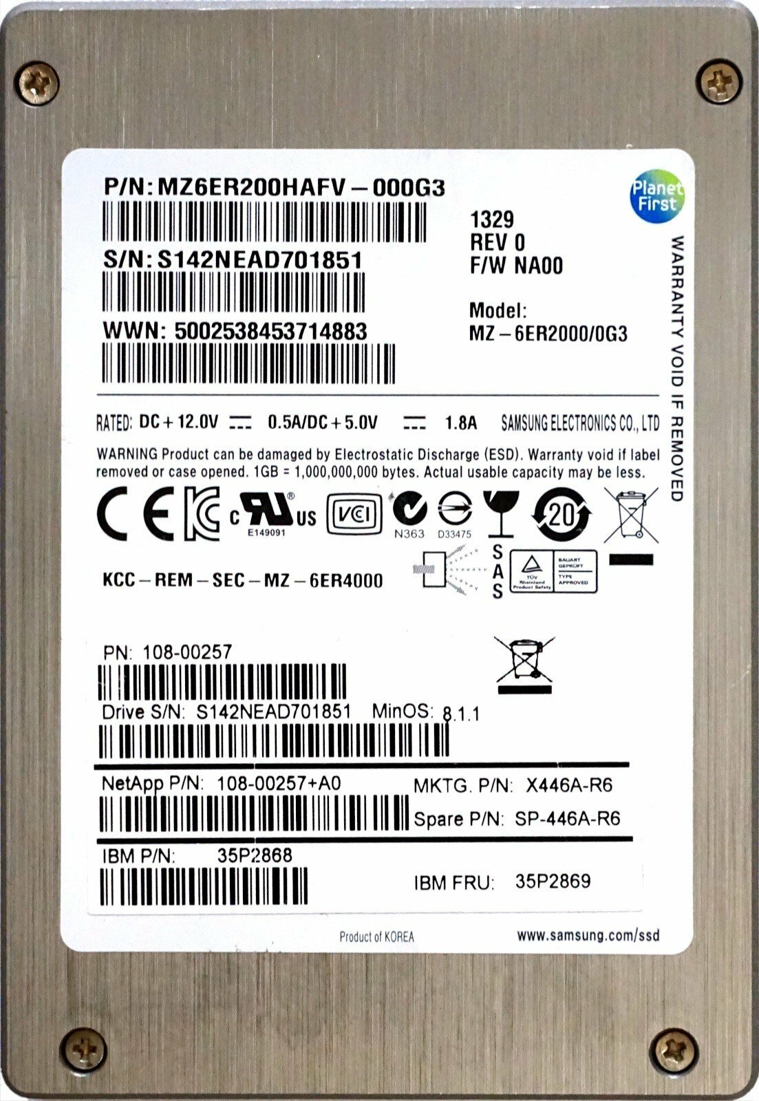 IBM 35P2869 200GB 2.5" 6Gbps SAS SSD 35P2868 NETAPP 108-00257