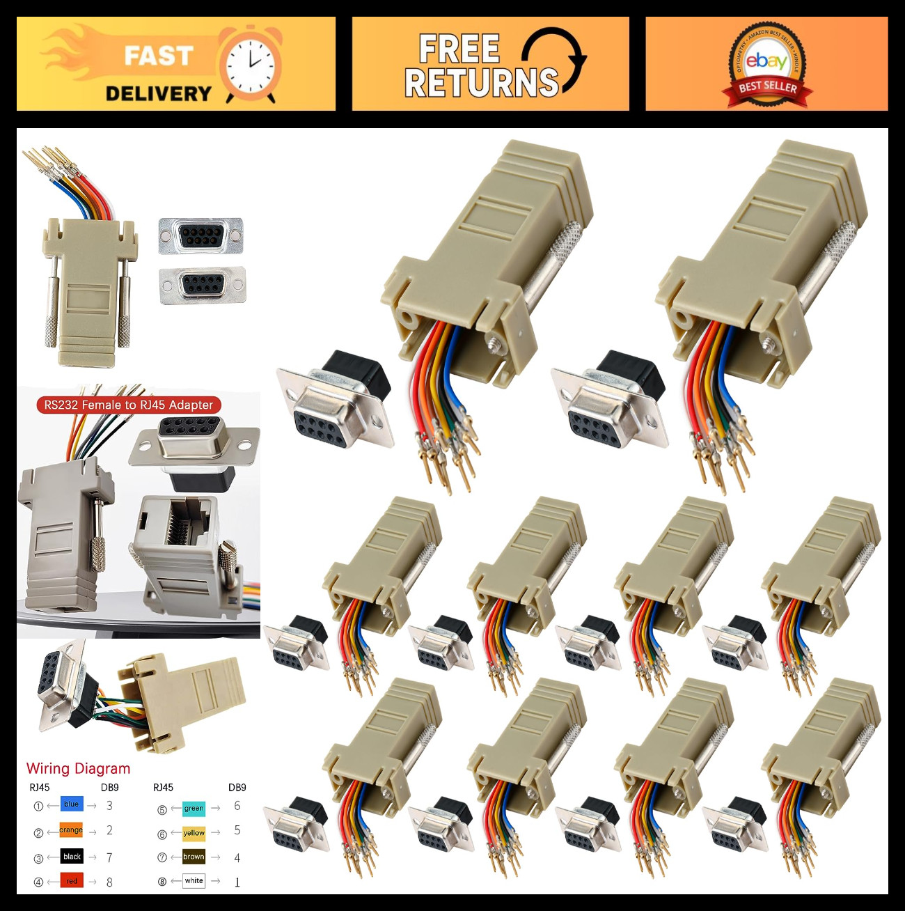 10PCS DB9 Female to RJ45 Ethernet Adapter, 9 Pin Serial Port Modular Converter F