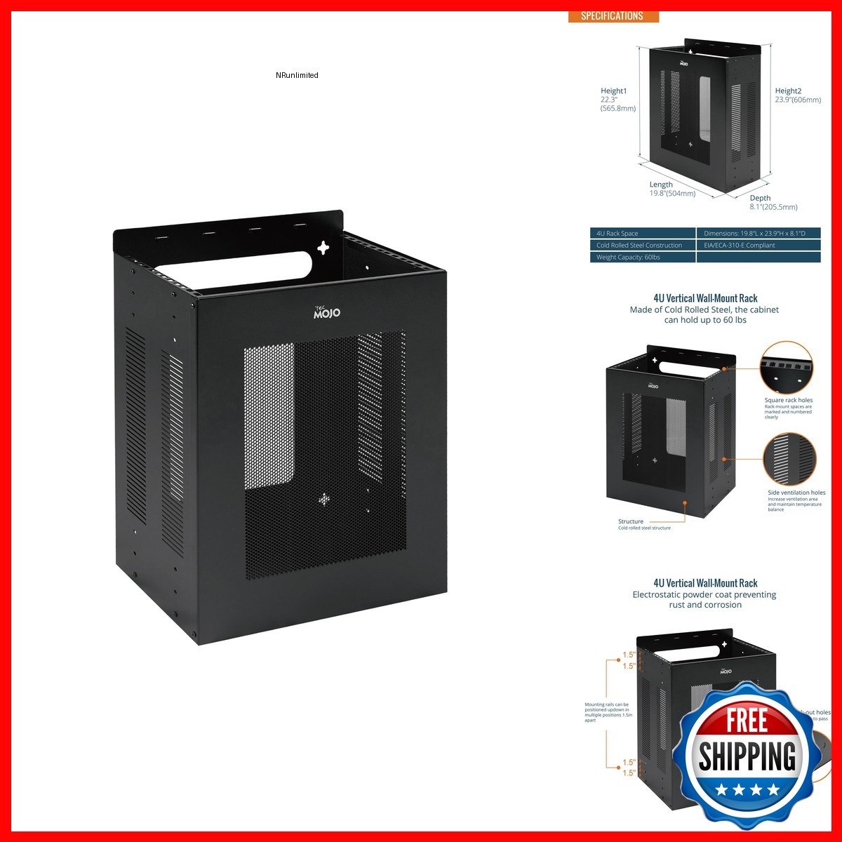 Tecmojo 4U Server Rack Wall Mountable Vented Enclosure 19 Inch Black