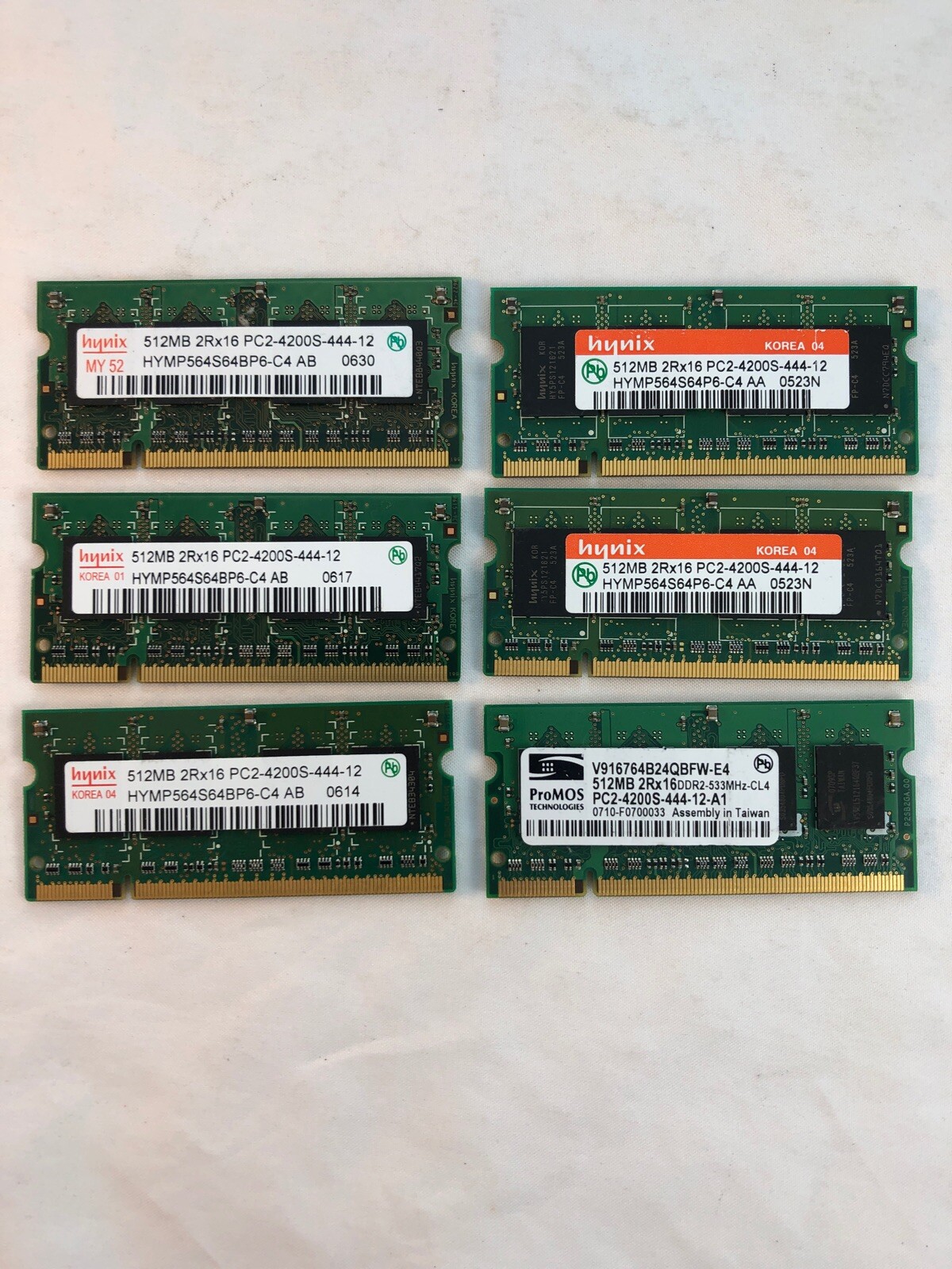 6pc Hynix ProMos DDR Laptop Notebook Memory 3GB (6X512MB) PC2-4200S 3 pair 1GB 