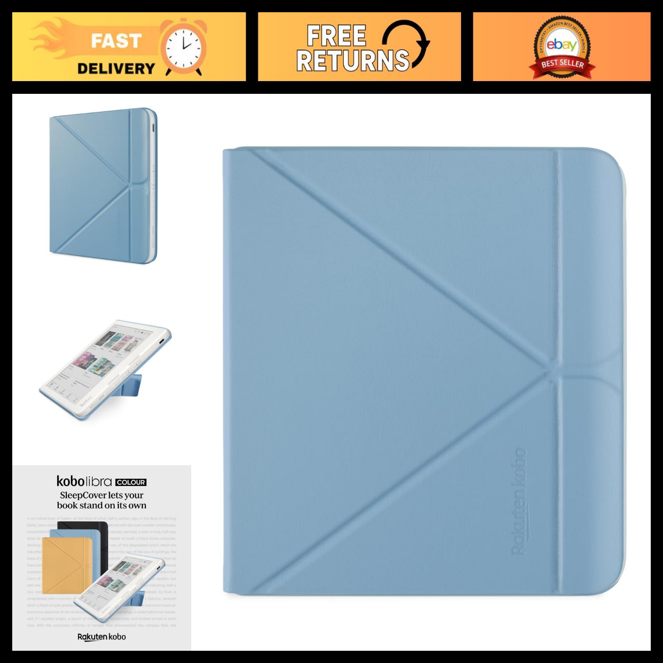 Kobo Libra Colour Sleep Cover Case - Dusk Blue, Vegan Leather, 2-Way Stand, 7" e