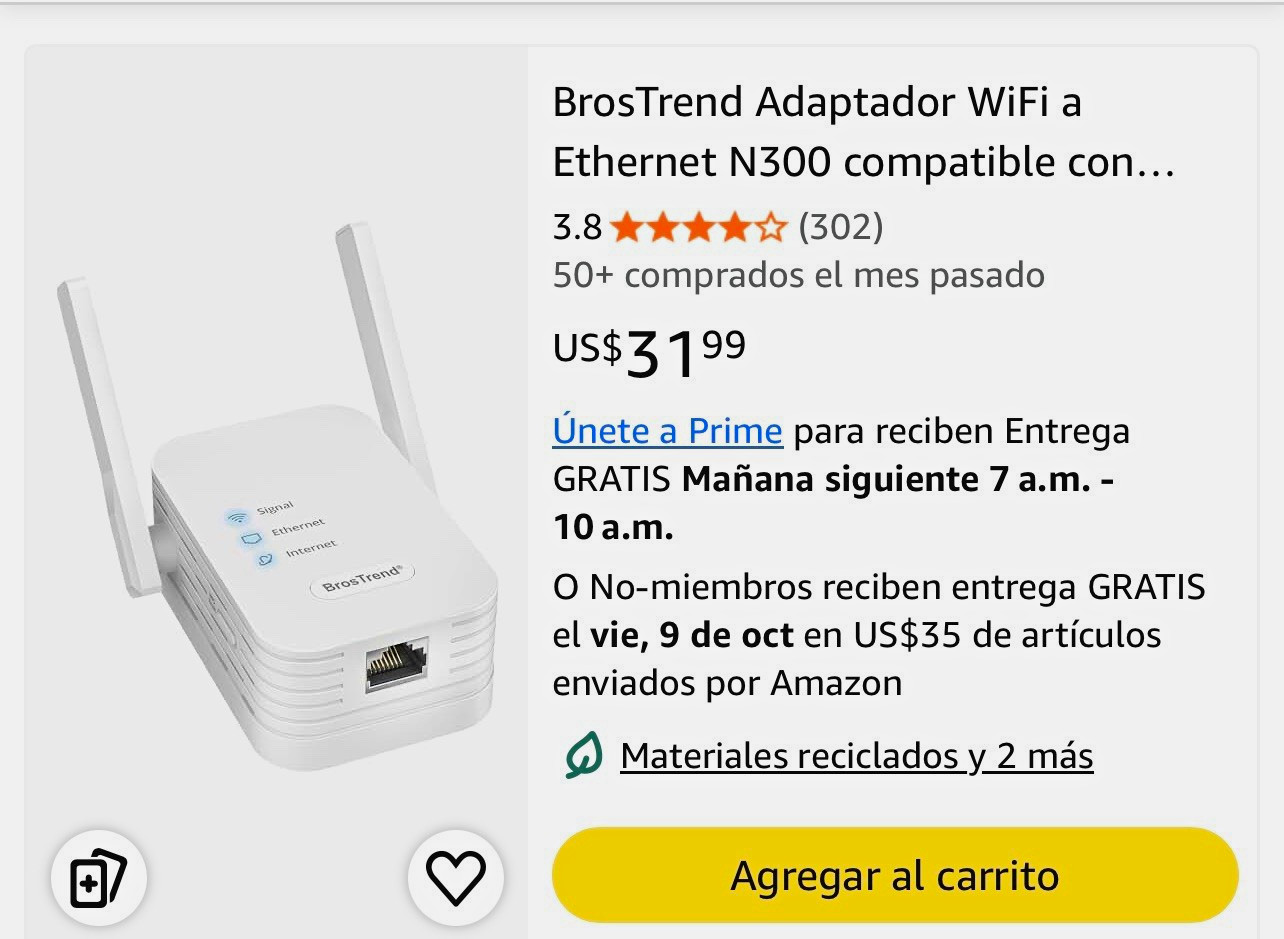 BrosTrend N300 300Mbps WiFi to Ethernet RJ45 Adapter, External Antennas White