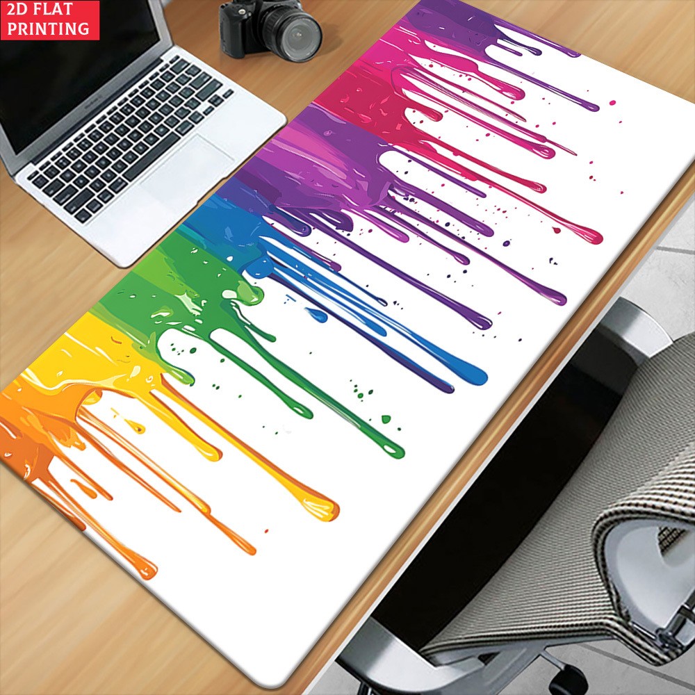 XXL Mouse Pad with a 2D Flat Rainbow Paint Drips Design, Ideal for Gaming, Off