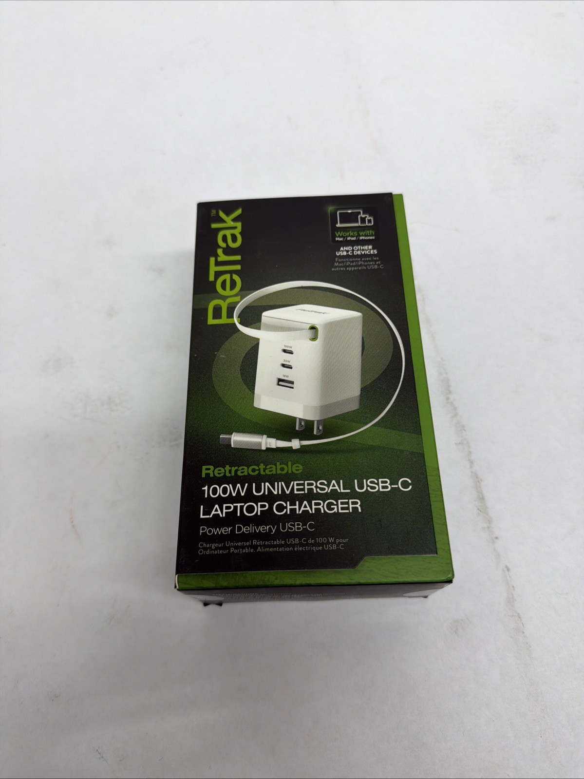 ReTrak - 70W USB-C Wall Charger 2ft Retractable 3 Port Cable Cord - White