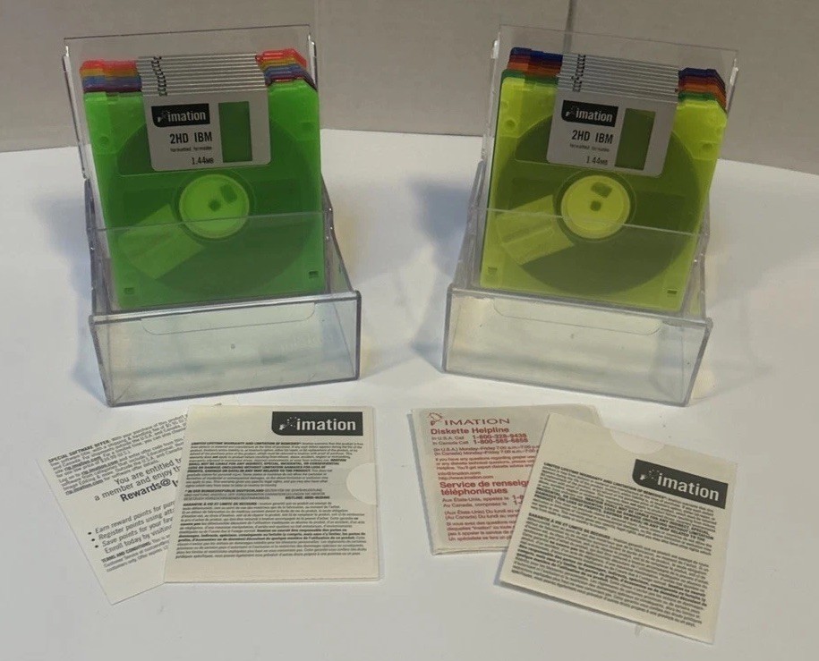 Imation Neon Diskettes 2, 10 Packs IBM 2HD Floppy Disks w/Cases NOB