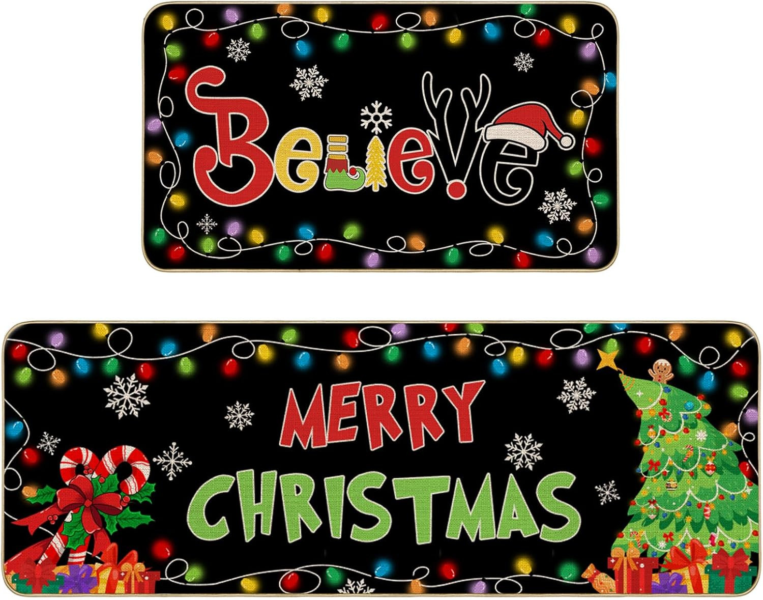 Christmas Kitchen Rugs Set of 2, Colorful Rainbow Lights Green Xmas Trees Kitche