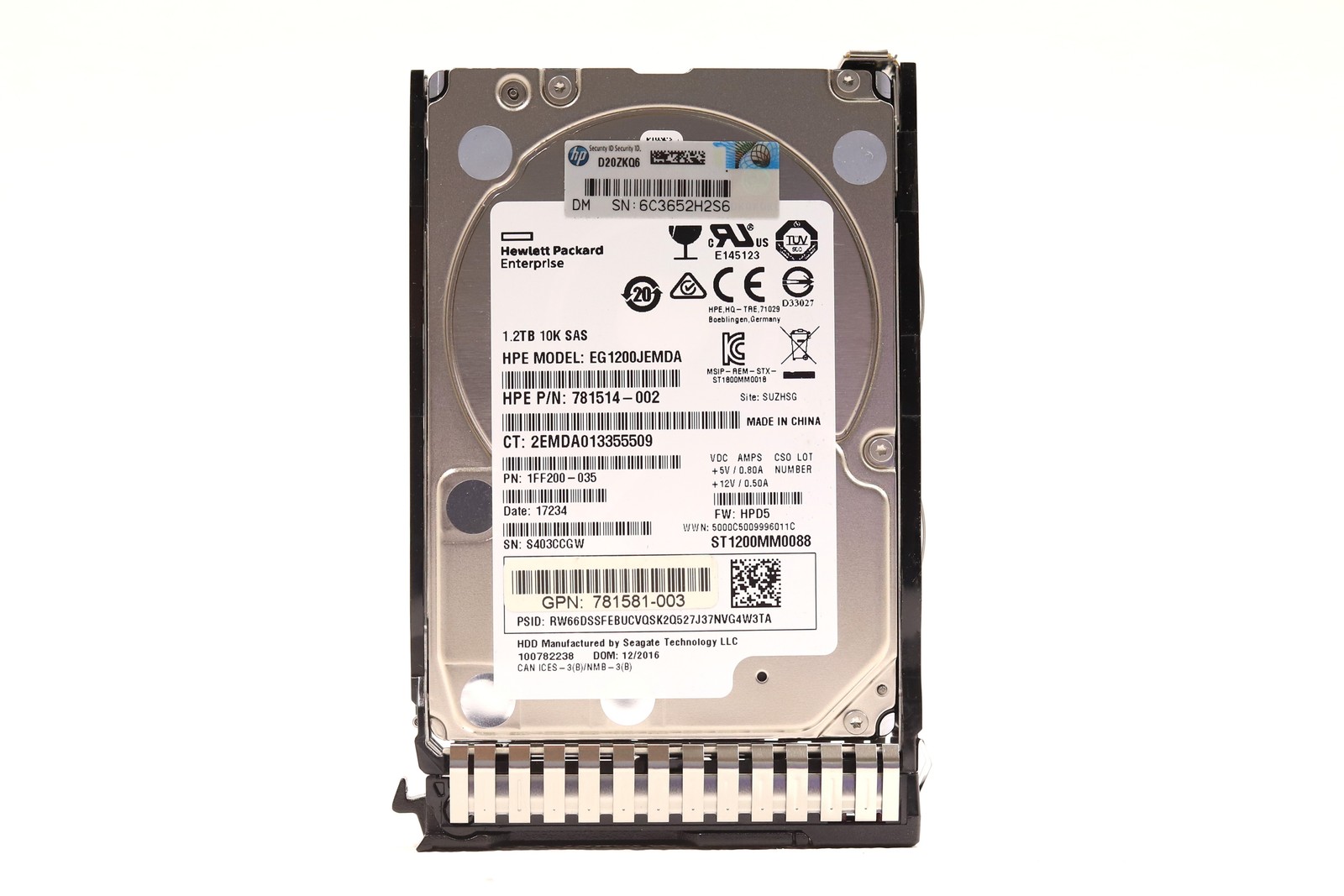 HPE EG1200JEMDA 1.2TB 2.5" 12Gb/s 10K RPM SAS HDD W/Caddy P/N: 781581-003 Tested