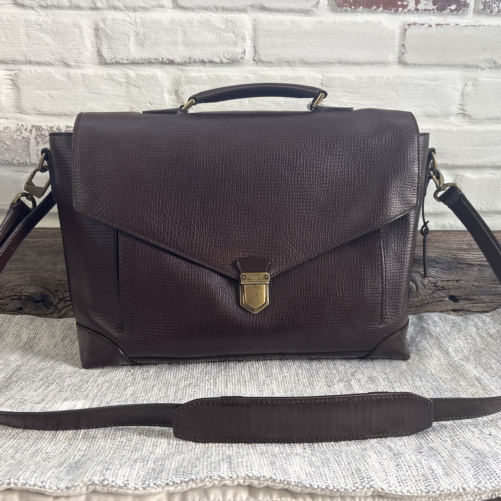 Coach Crosby Box Grain Textured Leather Flap Brief 70961 Brass/Brown- Clean- VGC