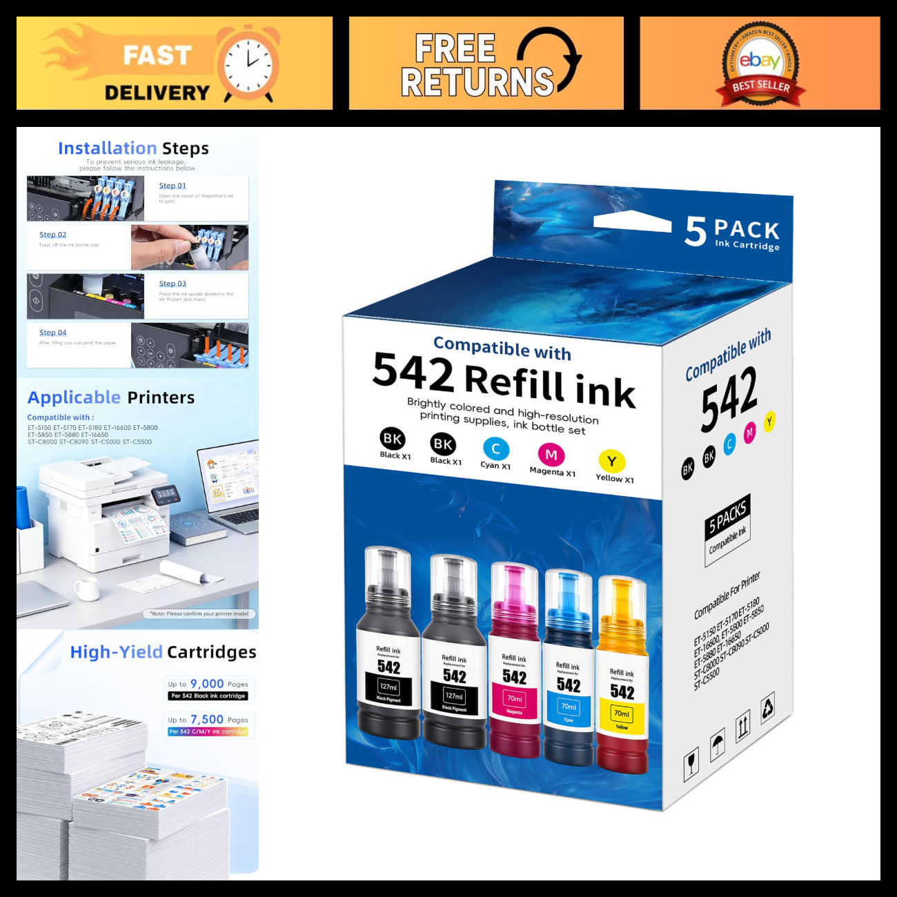 High Capacity Ink Refill Bottles Combo Pack for Epson Ecotank ET-5850/5800/5880