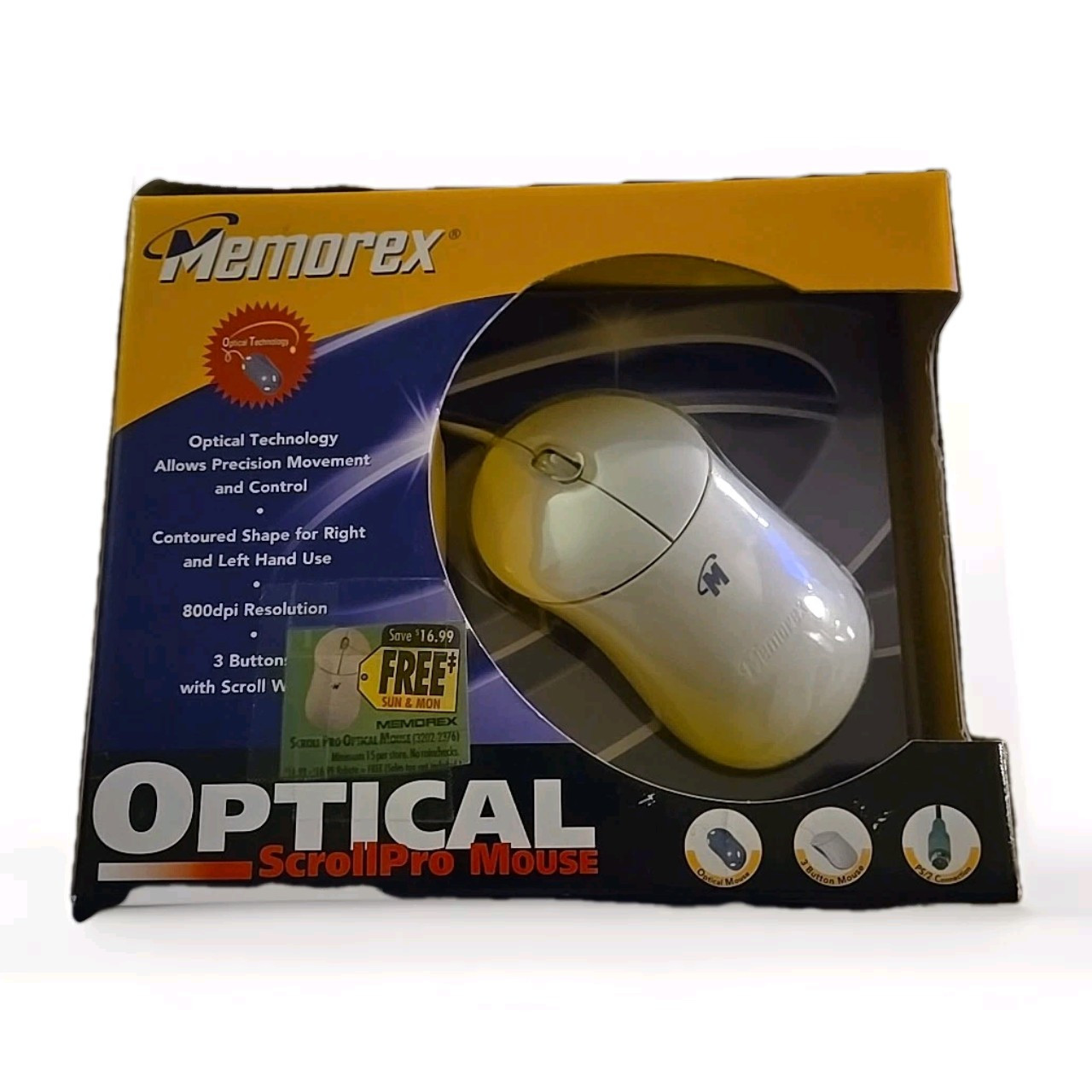 2002 Memorex PS/2 3 Button  opticalMouse 800 dpi   NEW IN BOX #3202-2376 B4