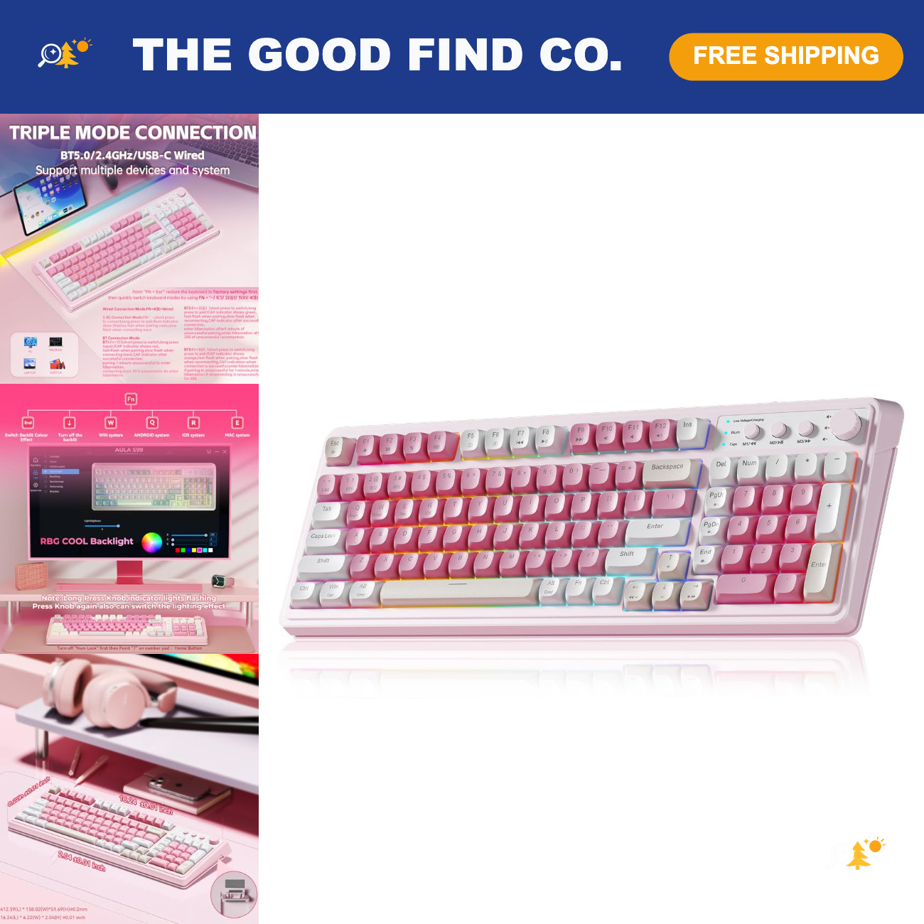 Wireless Pink Gaming Keyboard - 99 Keys, Creamy Design, Number Pad, Ergonomic