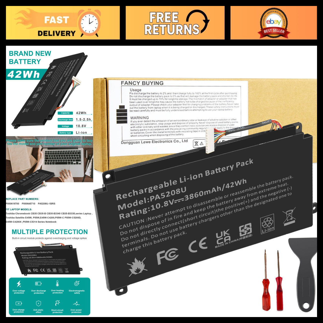 High-Capacity Replacement Battery for Toshiba Chromebook & Satellite Laptops - P