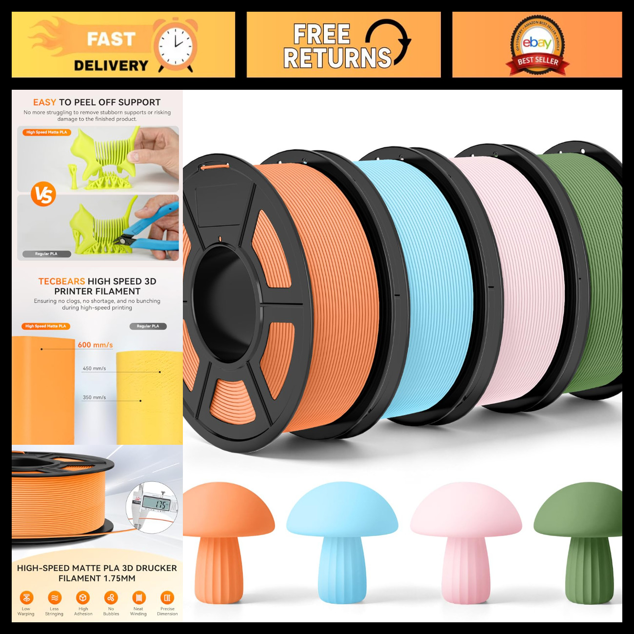 Matte PLA Filament 4kg Bundle for 3D Printing, Fast 50-600mm/s Speed, High Quali