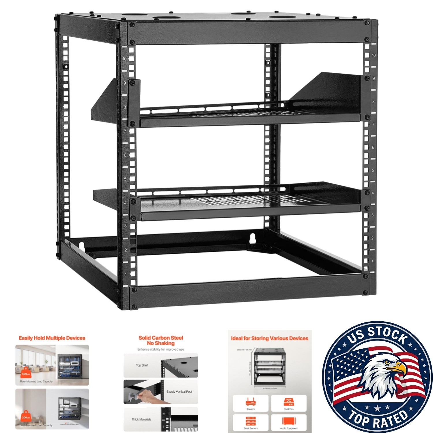 10U Open Frame Rack for Servers - Heavy-Duty, Ergonomic Design for Small Spaces