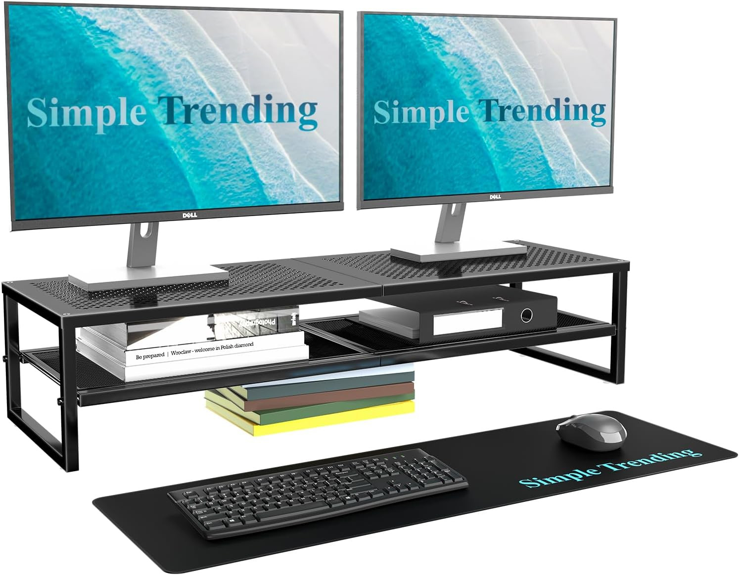 2-Tier Dual Monitor Stand with Mouse Pad, Metal, Black