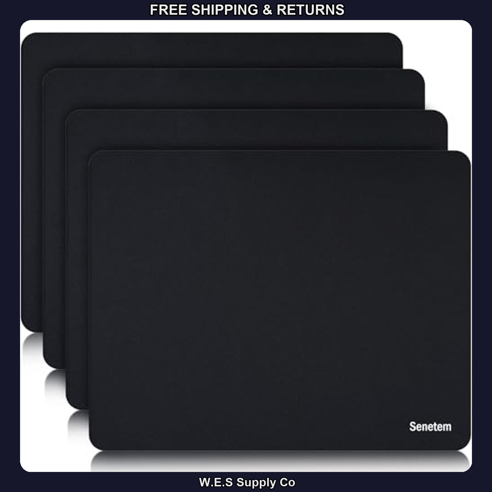 Senetem Square Mouse Pad, 4-Pack, Non-Slip Rubber Base, Black Polyester Surface