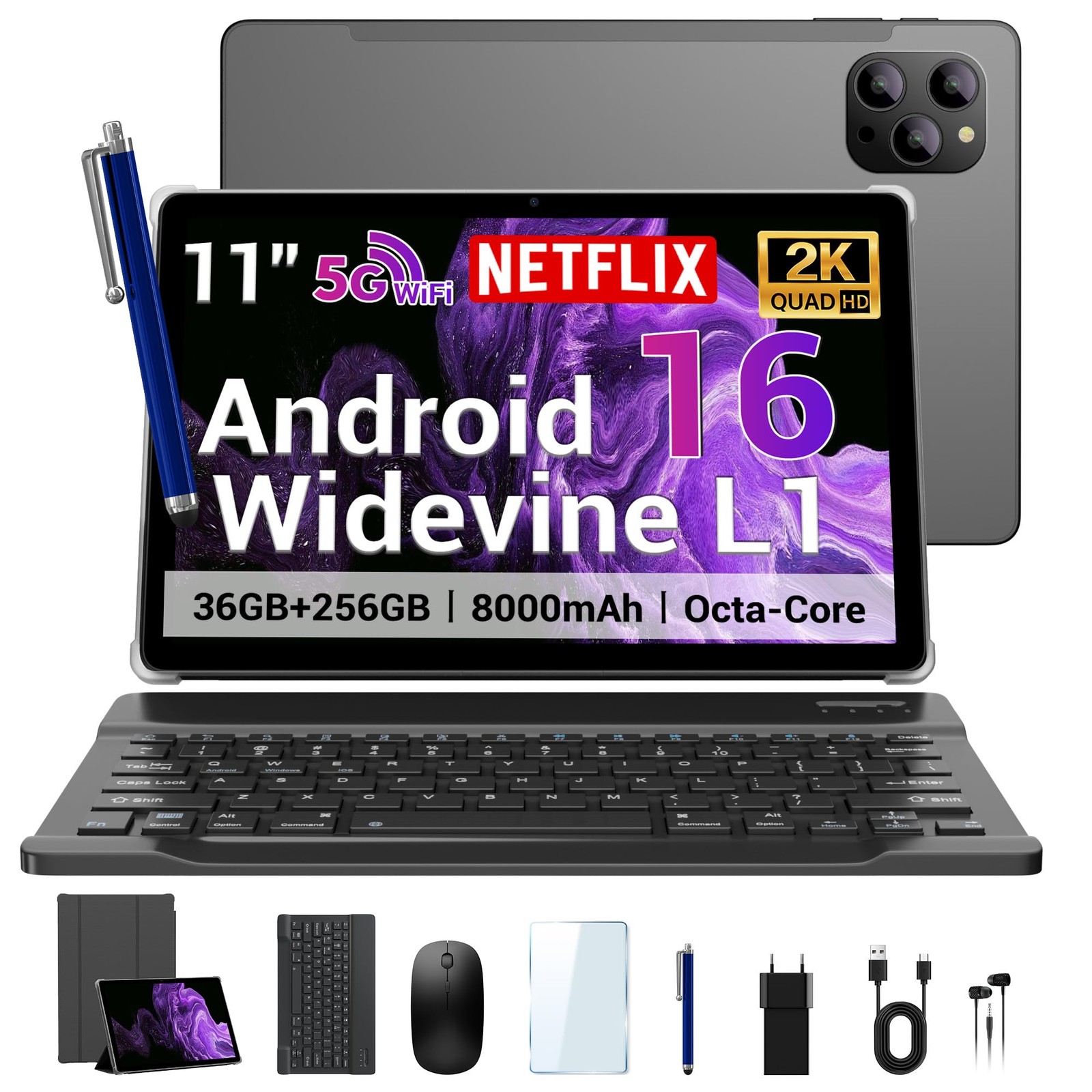 ROSYVIBE 2025 Slim 11 Inch Android 16 Tablet Keyboard,Stylus & Mouse, 2K IPS