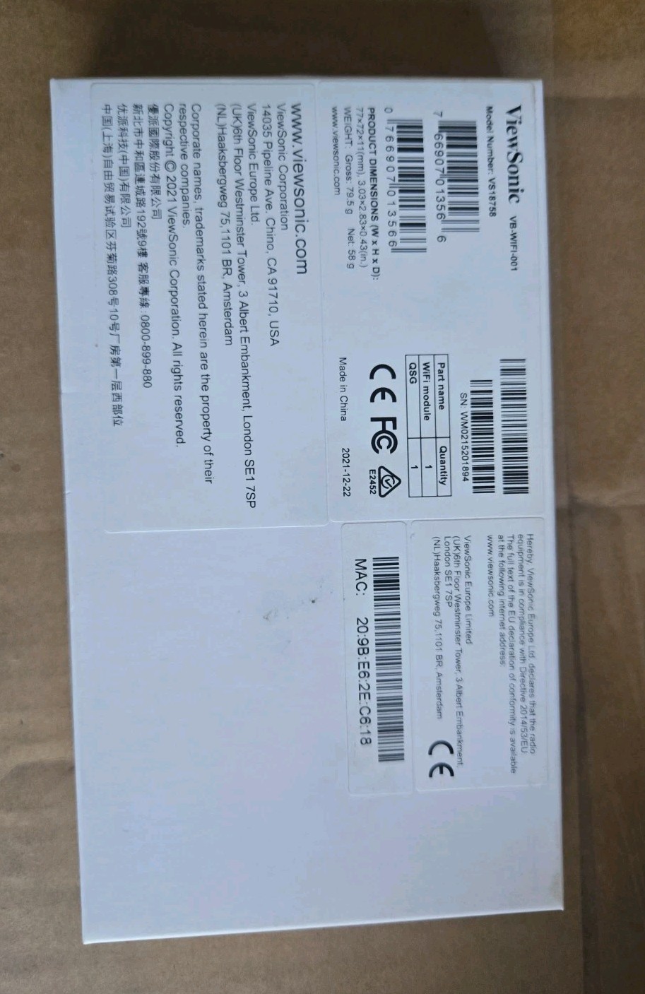 Viewsonic VS18758 VB-WIFI-001 WiFi Module (NEW) -  