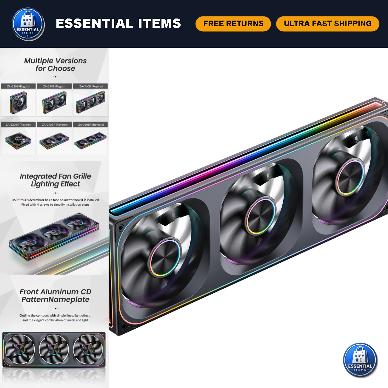 RGB PC Case Fan Set - 3x120mm PWM Silent Fans with Infinity Mirror, 2400RPM