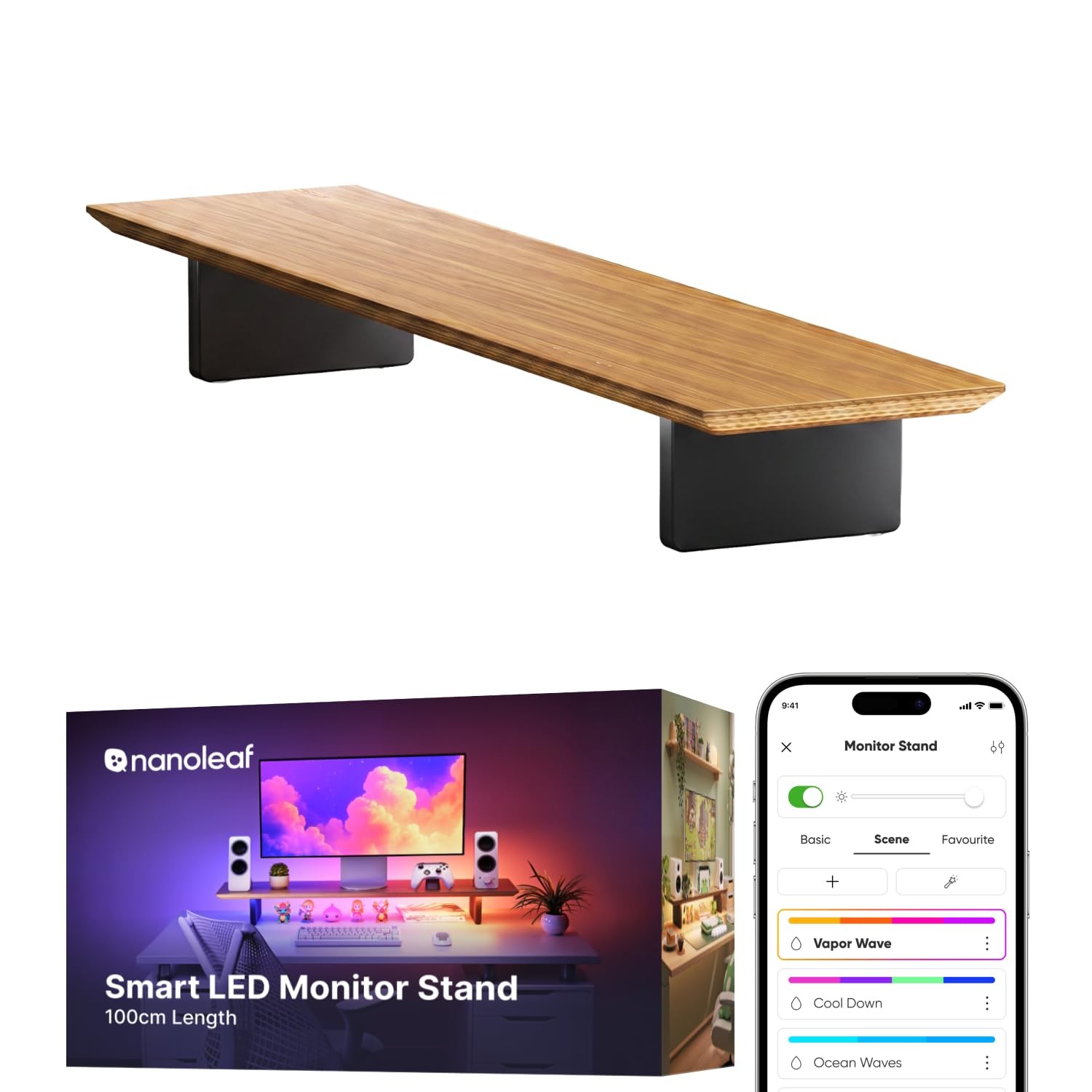 Nanoleaf Smart Monitor Stand, Wood Riser, RGB LED Task & Ambient Light