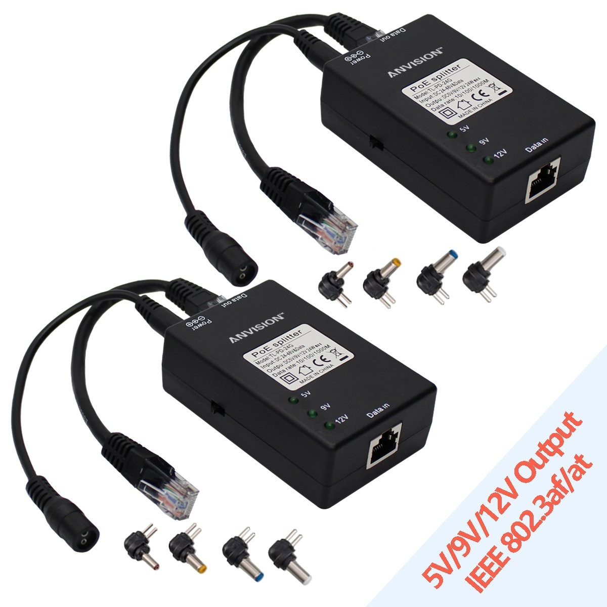 2-Pack Active Gigabit PoE Splitter Adapter with Multi-Size Tips, IEEE 802.3af...