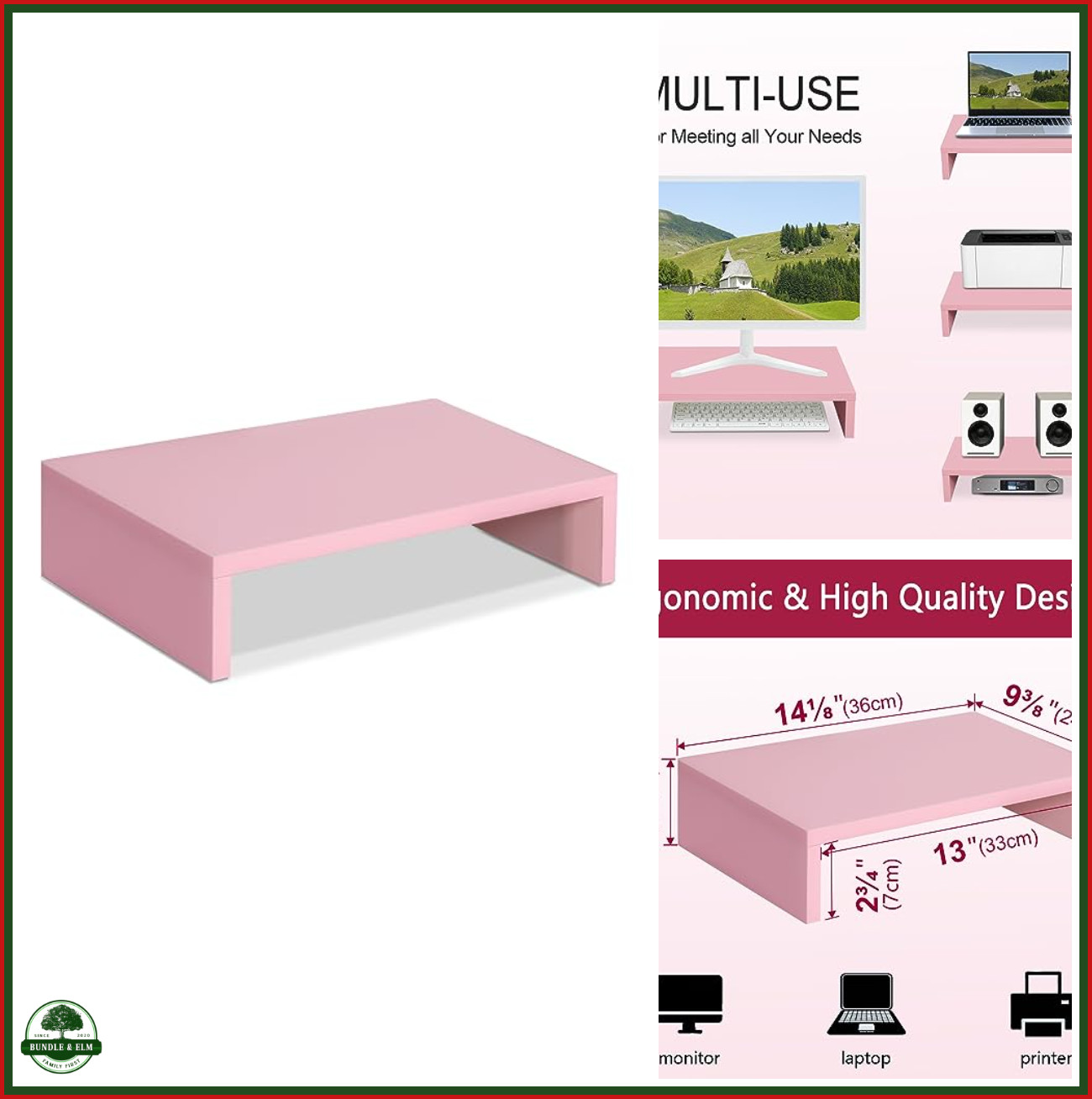 Monitor Stand Riser Ergonomic Design Space-Saving Pink 80 lb Capacity