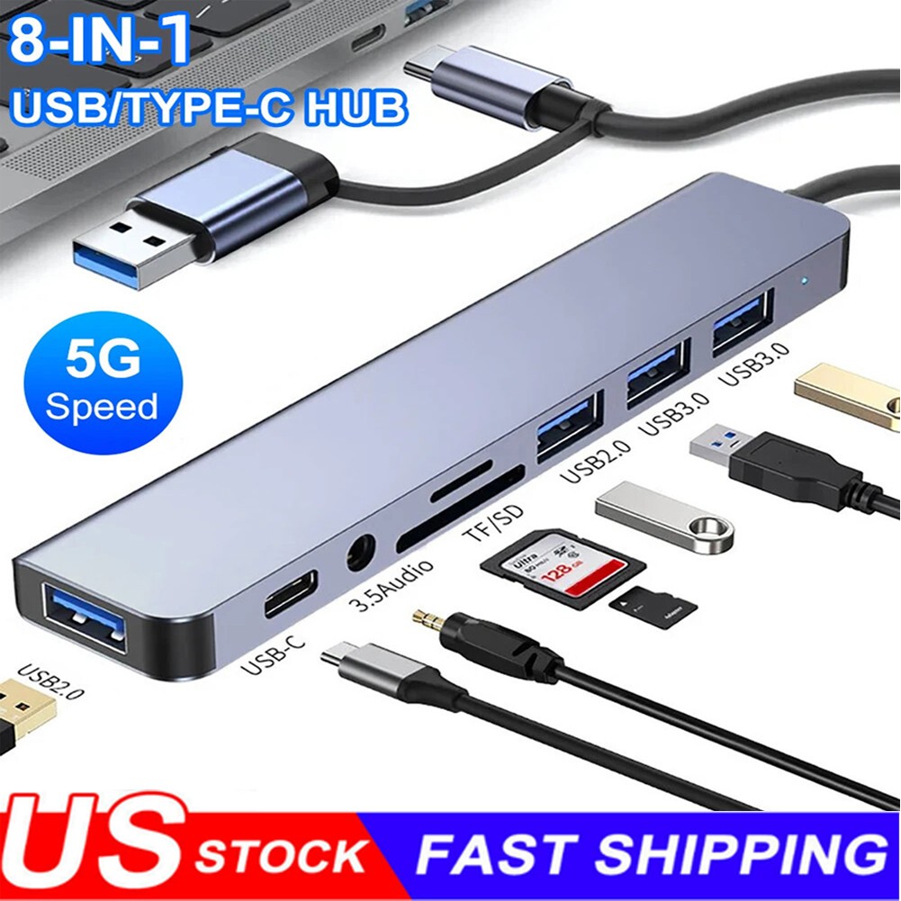 8 Port USB-C Hub Type Adapter 5G Speed Multi USB Splitter for PC Laptop Macbook