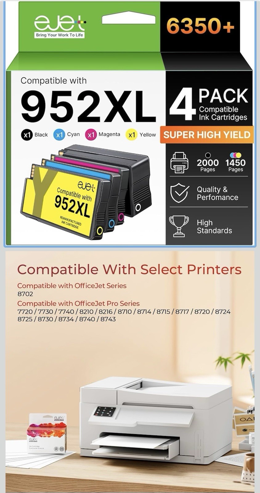 ejet 952XL Compatible Inkjet Ink Cartridge 4-Pack for HP OfficeJet Pro 8702 8710