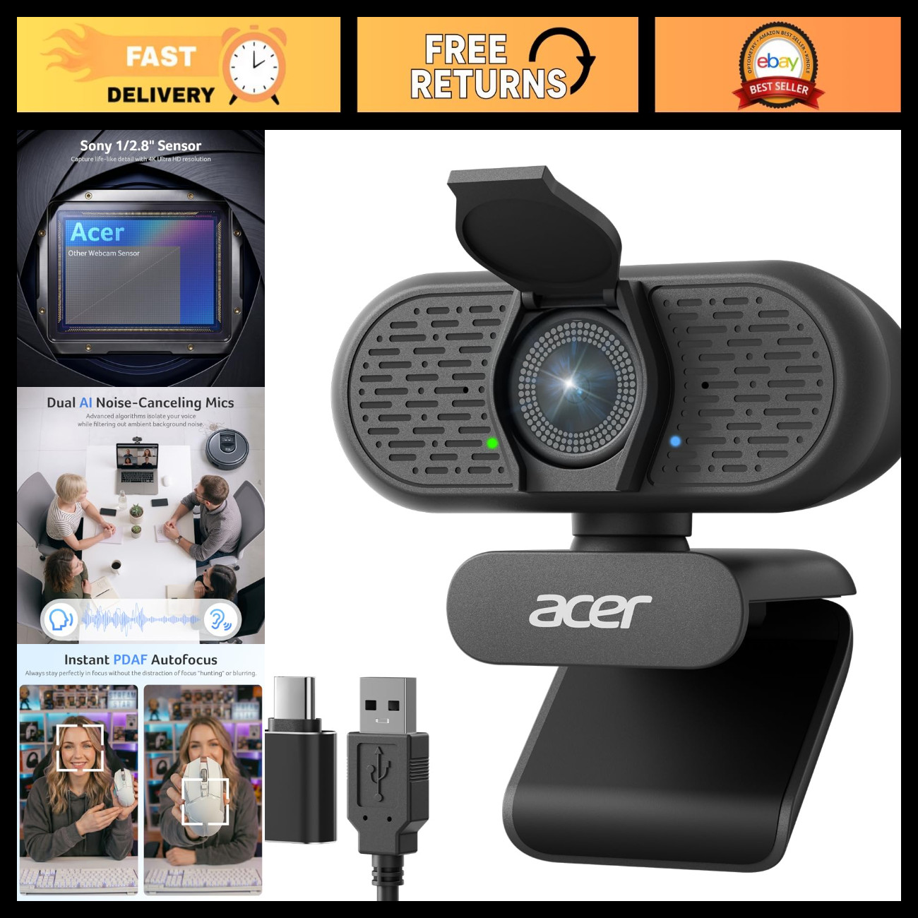 4K Webcam with AI Noise Canceling Mic for Streaming & Video Meetings