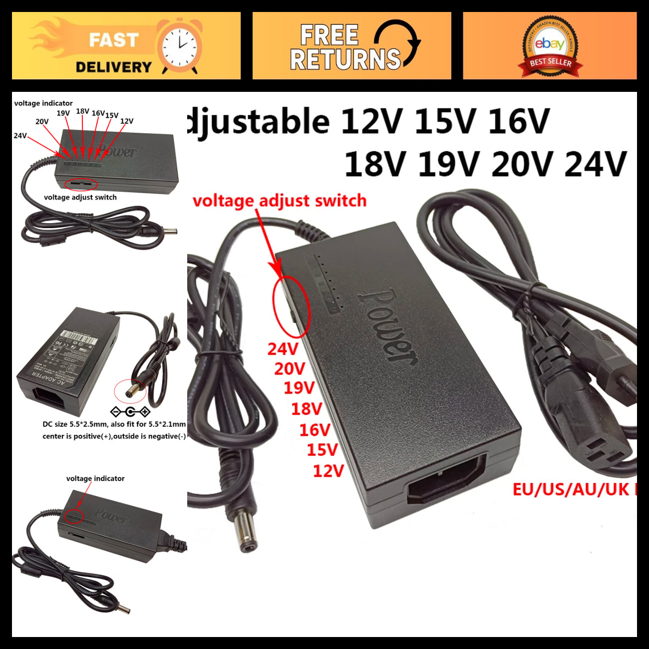 Universal Adjustable AC DC Power Supply Adapter 96W 12V-24V Charger for Laptops
