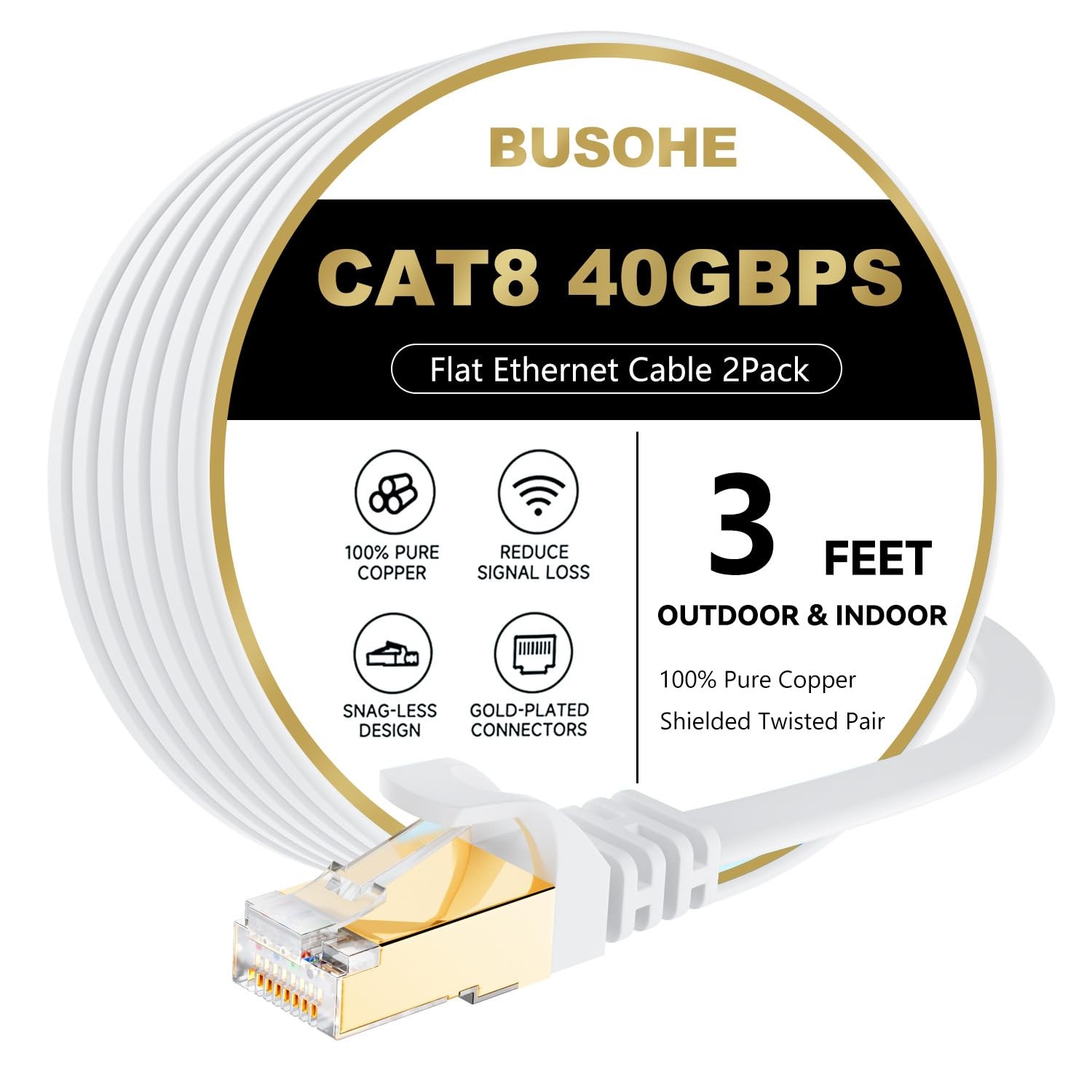 BUSOHE Cat 8 Ethernet Cable 3 FT 2Pack, 40Gbps 2000Mhz High Speed 3FT, White