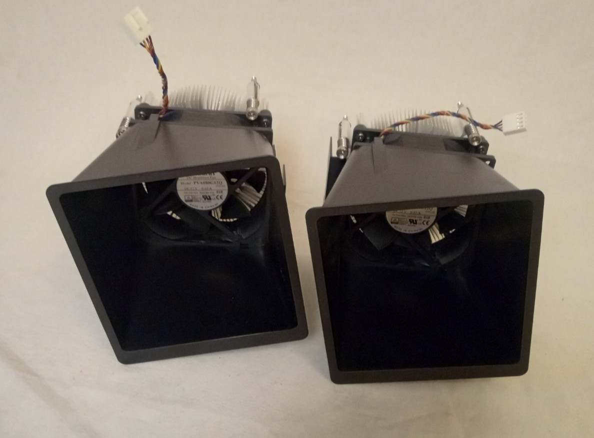 SET OF 2 FOXCONN DC BRUSHLESS FANS PVA080G12Q, DC12V 0.65A AND SHROUDS