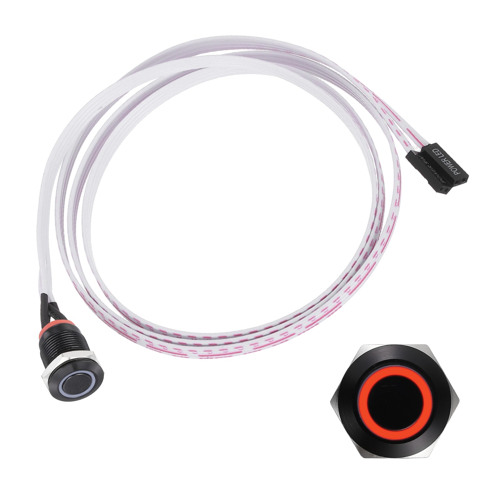 Chassis Metal Button 12mm Ring Red LED Power Button 100cm Wire, Black