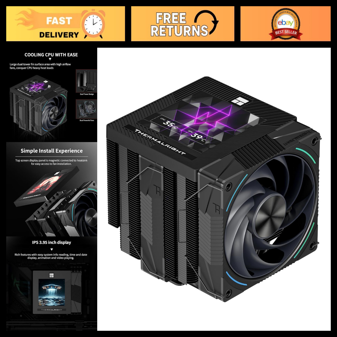 High-Performance CPU Air Cooler, Twin Tower Design, 2150RPM, IPS Screen, Intel &